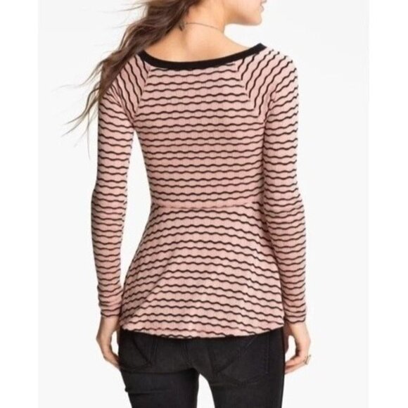 Free People Pink & Black Striped Knit Peplum Sweater Top Medium - Picture 2 of 13